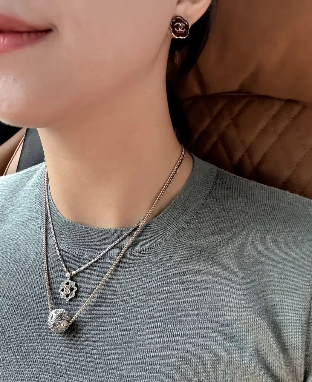 Chanel Silver Flower & Sphere Pendant Necklace - Layered Style
