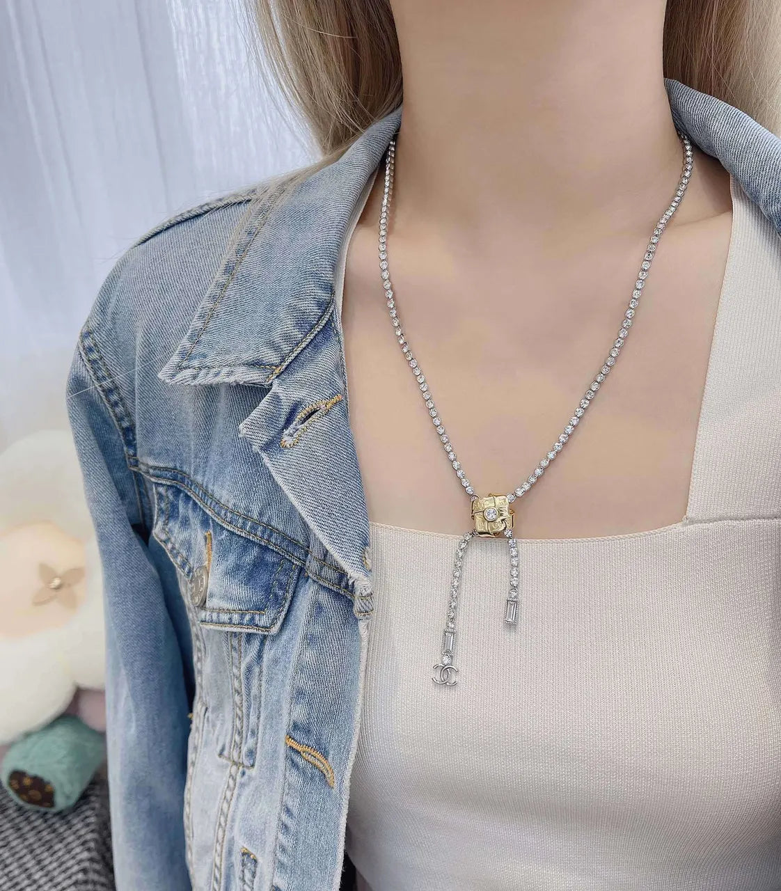 Chanel Crystal Y Necklace - Chanel Silver & Gold Crystal Y Necklace