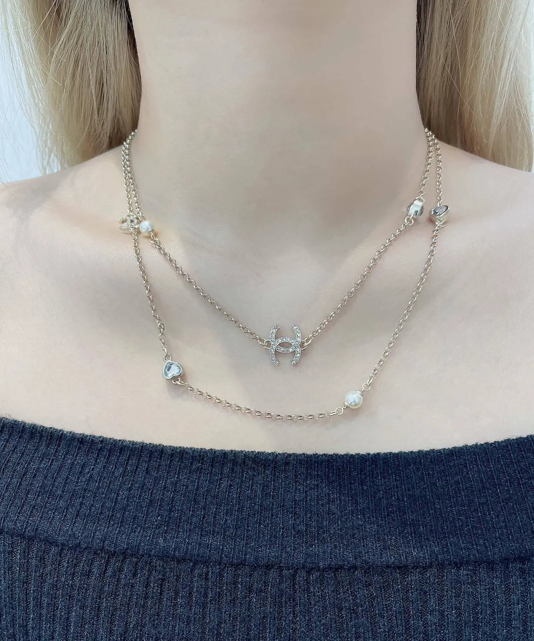 Chanel Silver CC Pearl Necklace - Chanel Silver CC Pearl Layered