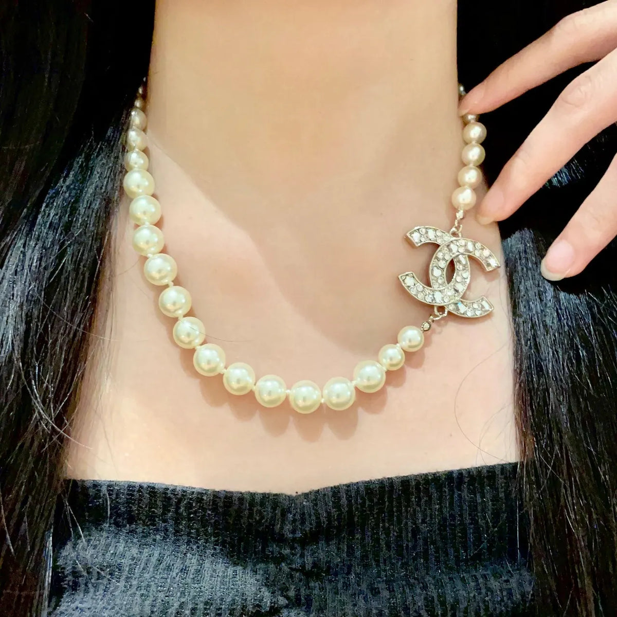 Chanel Pearl Necklace Crystal CC Logo - Elegant & Timeless