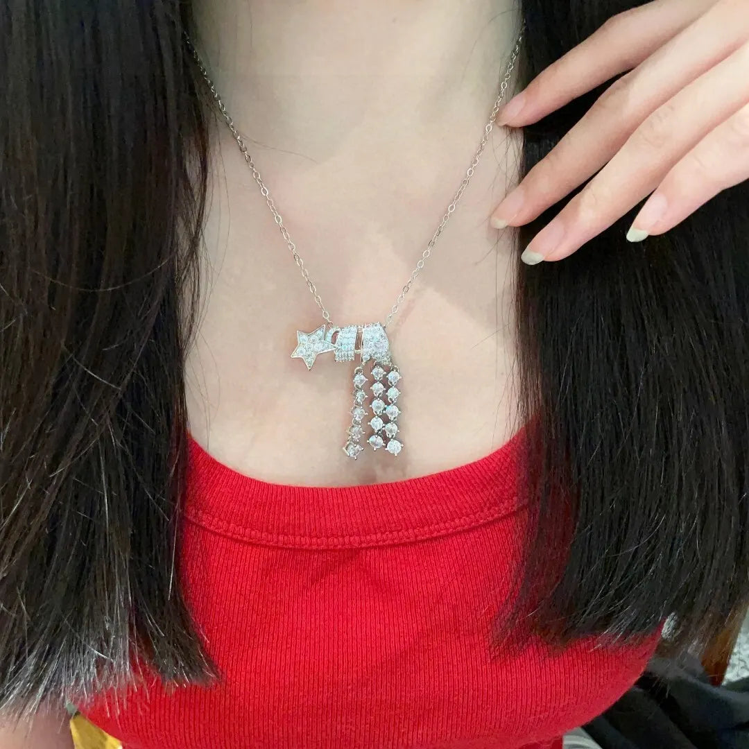 Star Cascade Diamond Pendant Necklace - Silver Finish
