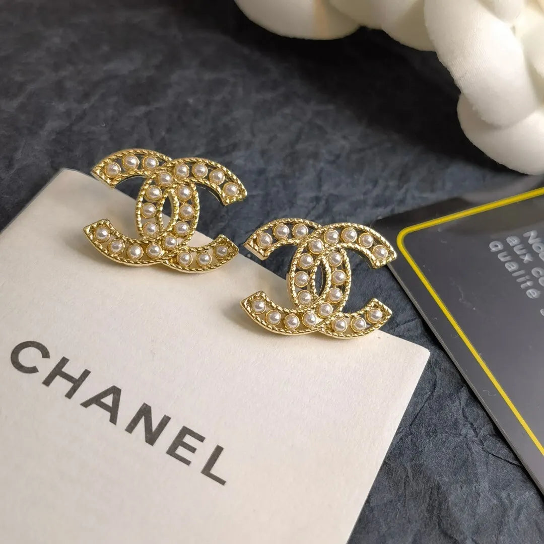 Chanel Gold Pearl CC Earrings - Chanel Gold CC Pearl Stud Earrings