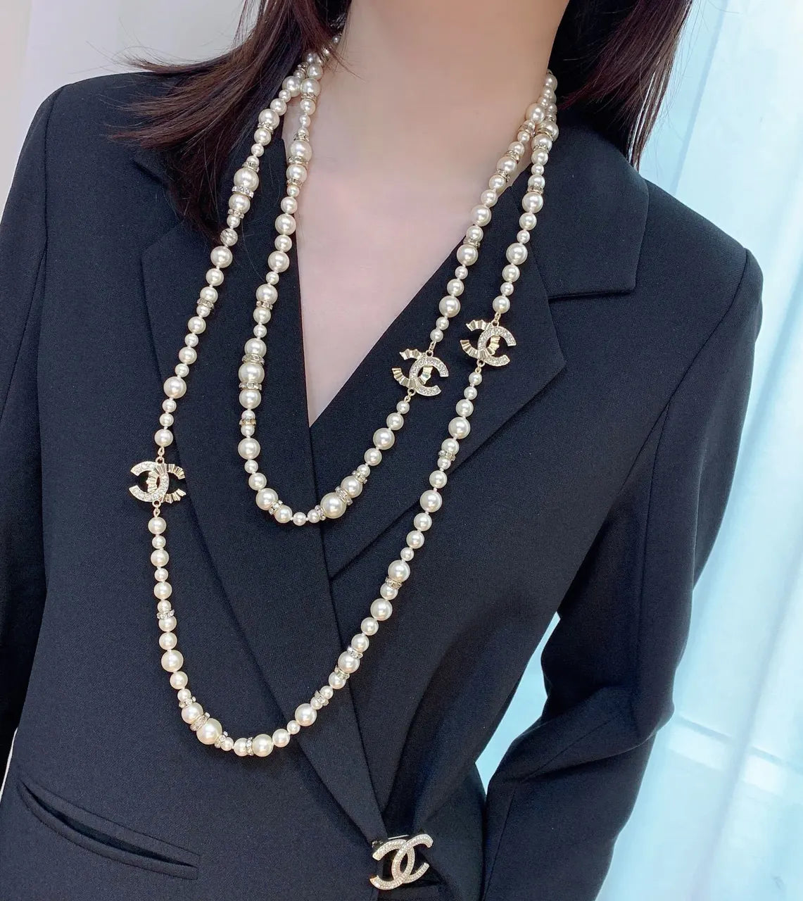 gold Chanel Long Pearl Necklace - Chanel Long Pearl Necklace Gold CC