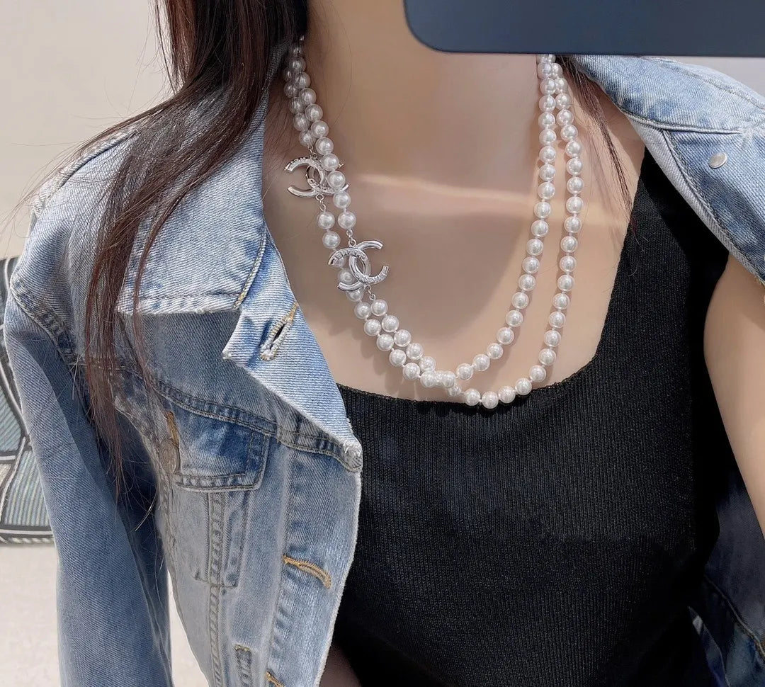 Chanel Pearl Silver CC Necklace - Chanel White Pearl Silver CC Logo