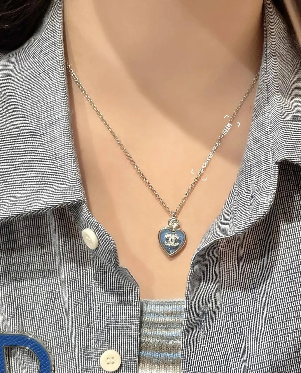 Chanel Silver Heart Pendant Necklace - Blue Enamel CC Logo