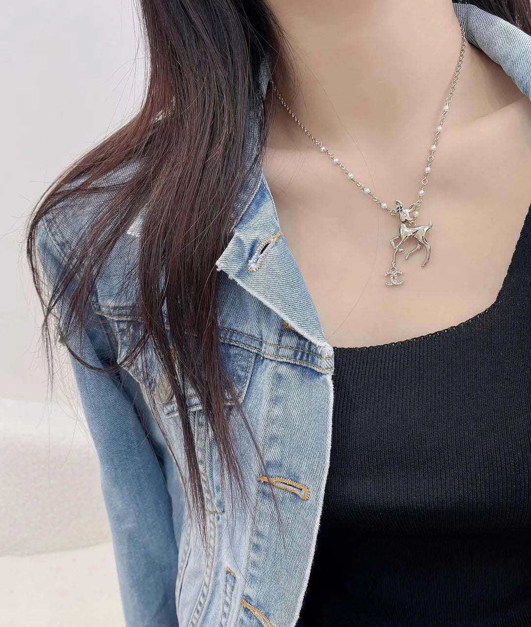 Chanel Silver Deer Pearl Necklace - Elegant Charm