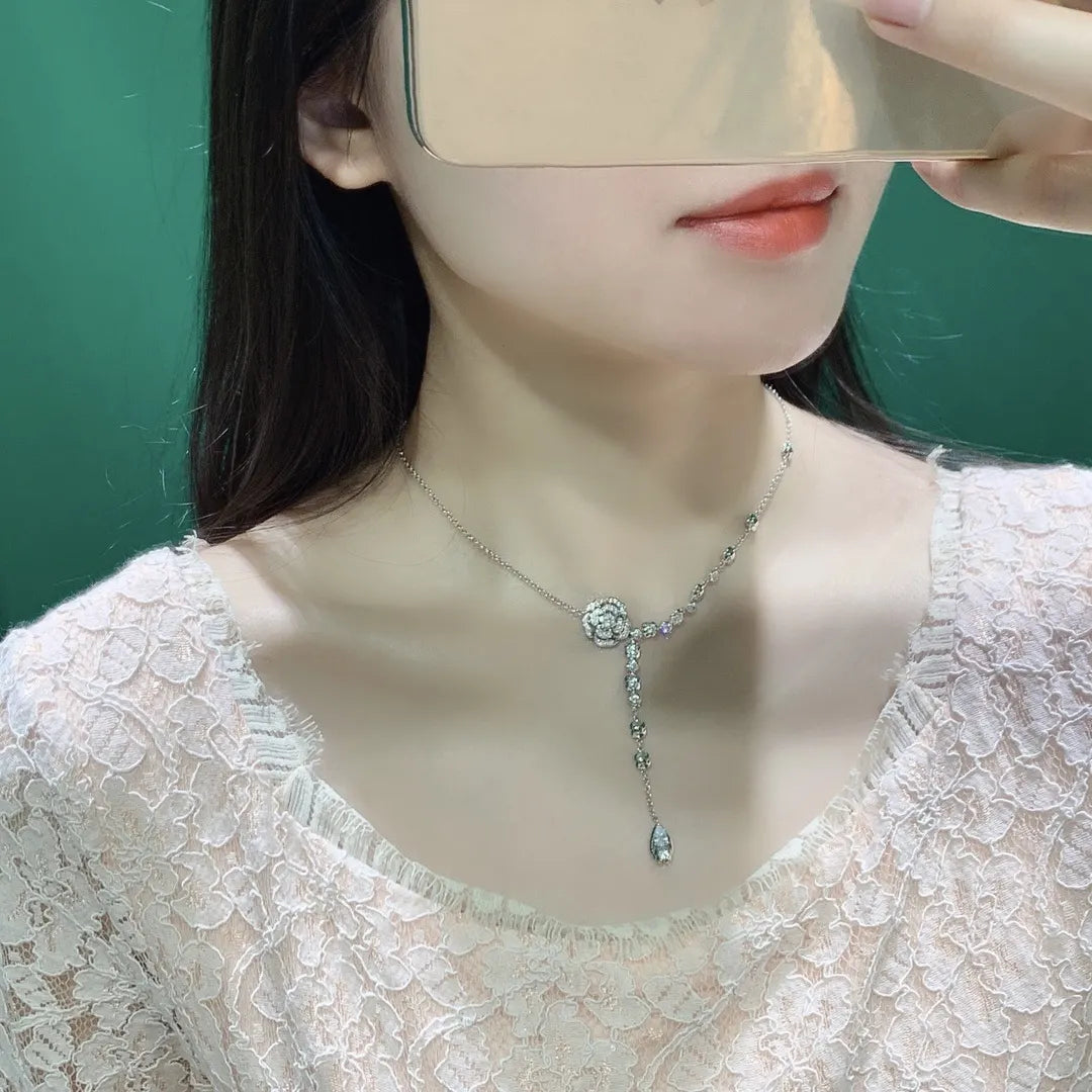Chanel Silver Camellia Drop Necklace - Sparkling Elegance