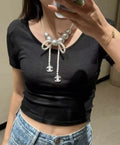 Chanel Pearl Bow Necklace Silver CC - Elegant Designer