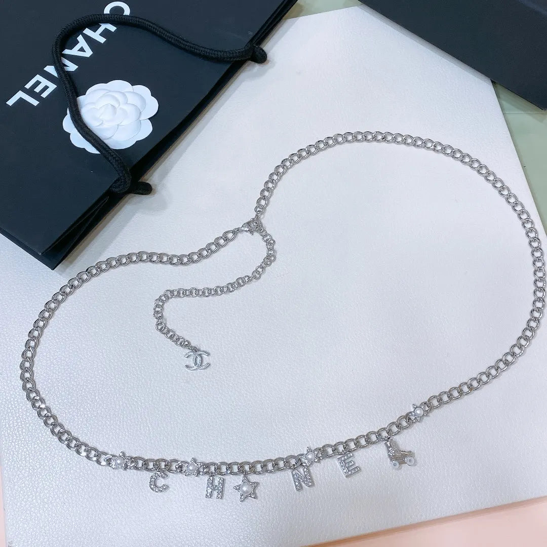 Chanel Silver Chain Belt Crystal Letter - Chanel Silver Chain Belt