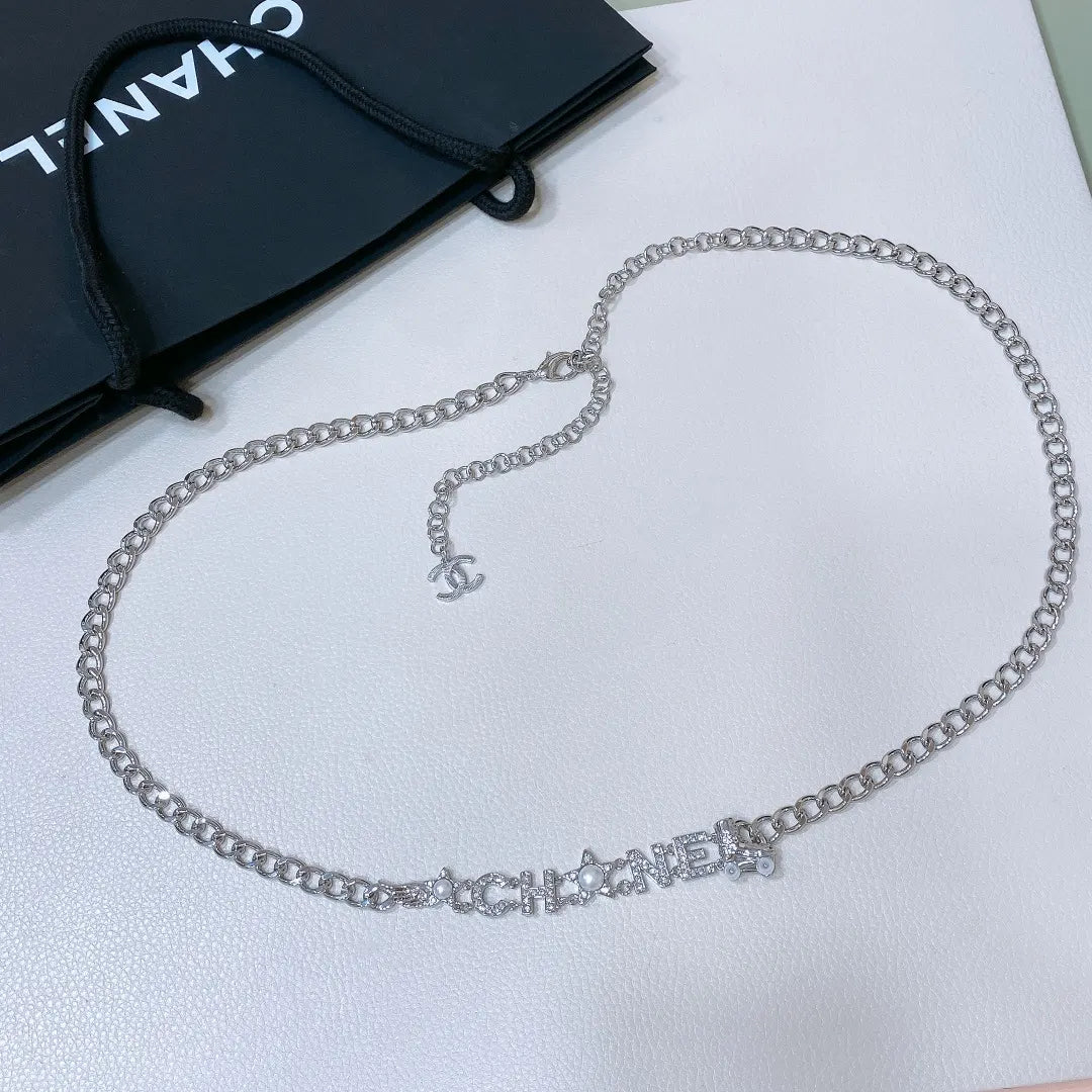 Chanel Silver Chain Belt Rhinestone Logo - Pearl Accents