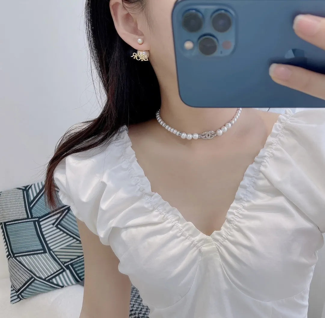 Dior Cream Pearl Necklace - Dior Cream Pearl 'CD' Necklace - Elegant