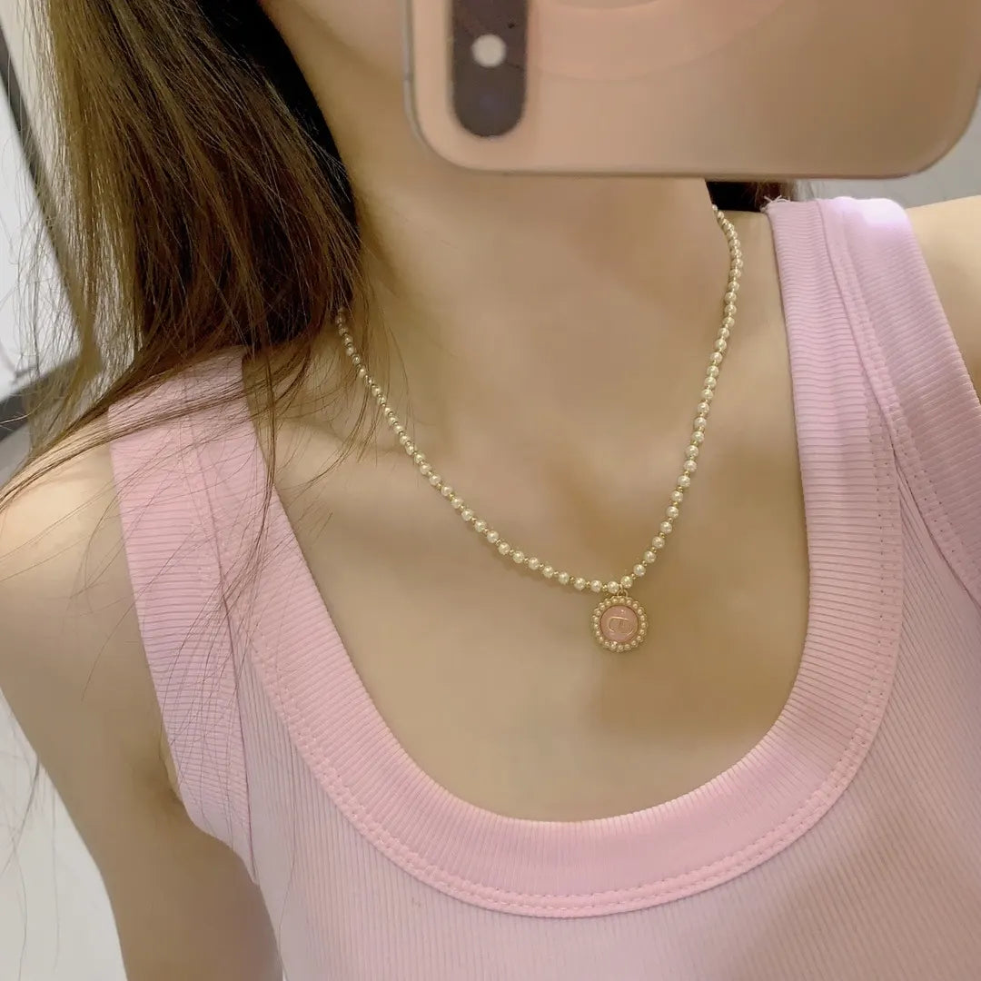 Dior Pink CD Pearl Necklace - Dior Pink CD Medallion Pearl Necklace