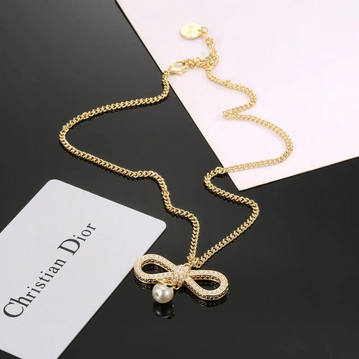 Dior Gold Crystal Bow Necklace - Pearl Accent