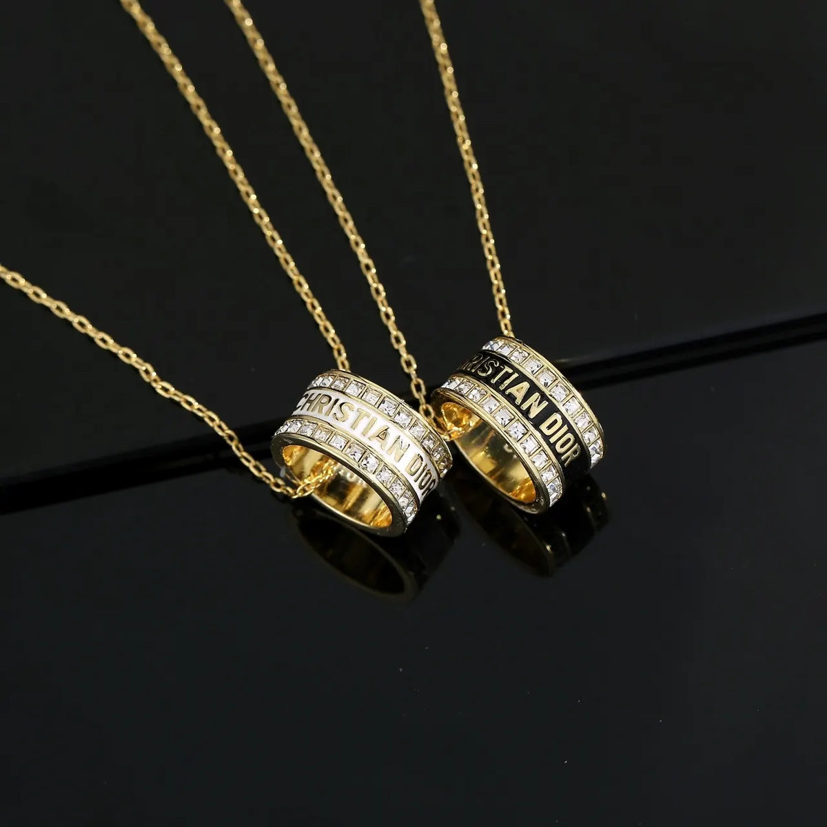 Dior Gold Ring Pendant Necklace - Rhinestone Accent