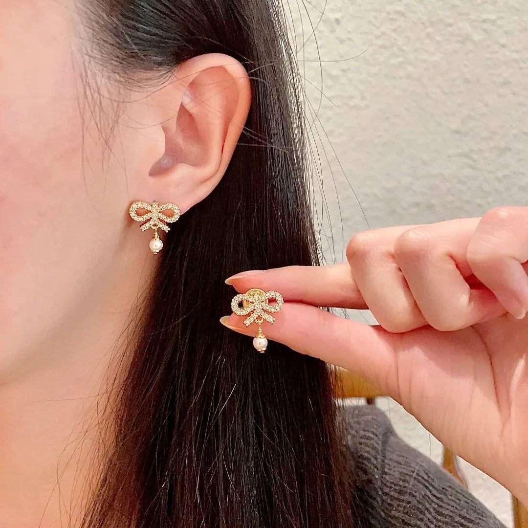 Dior Gold Crystal Bow Earrings - Dior Gold Crystal Bow Pearl Drop