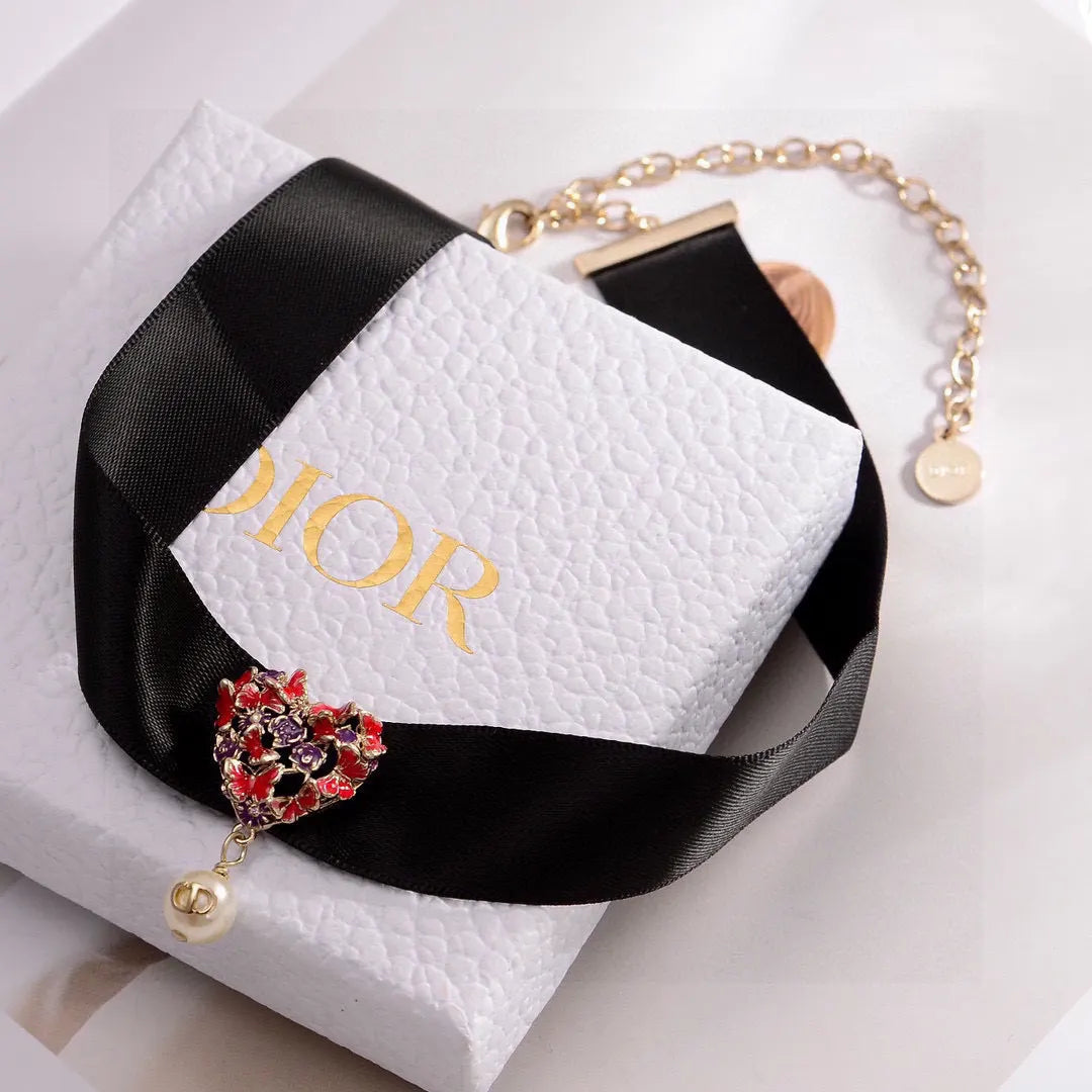 Dior Papillons Black Ribbon Choker - Heart & Pearl Accent