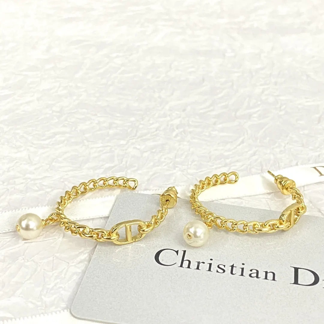 Dior Golden Chain Pearl Earrings - Iconic CD