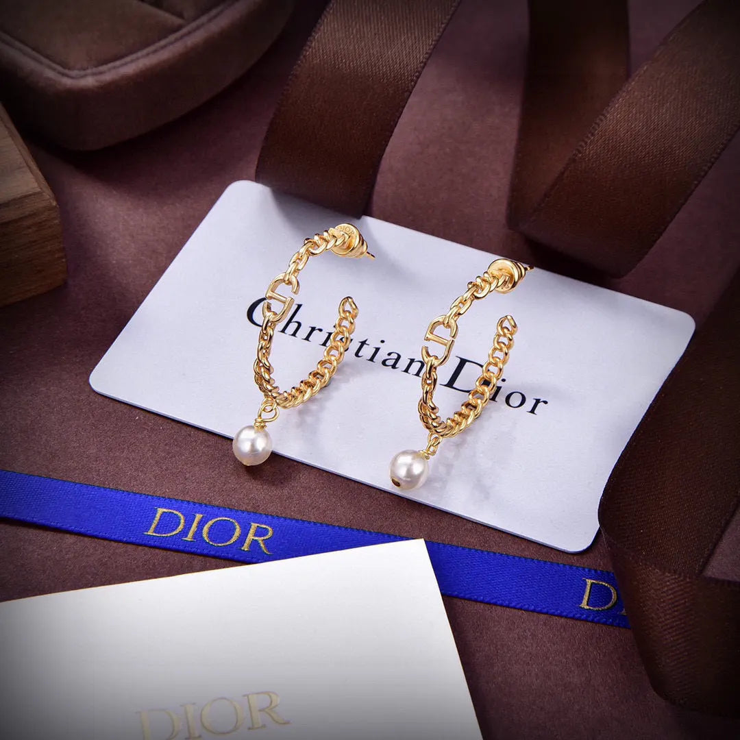 chain Dior Gold Pearl Drop Earrings - Dior Gold Chain Pearl Drop