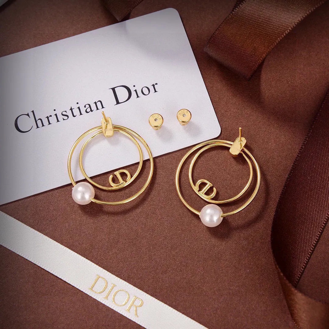 Dior Golden Hoop Earrings - White Pearl & CD Logo