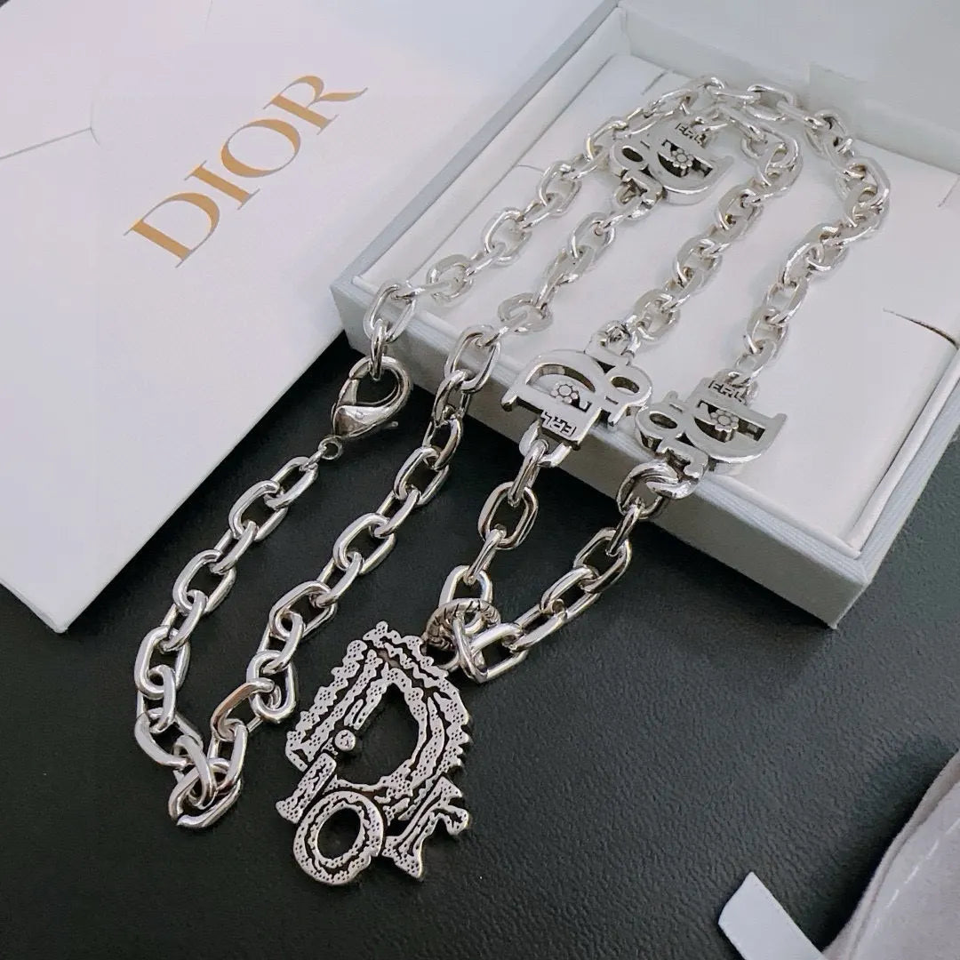 Dior Silver Chain Necklace - Iconic Logo Pendant