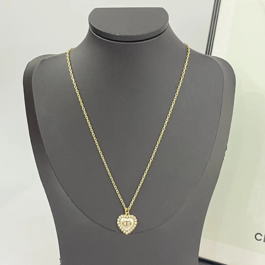 Dior Gold Heart Pearl Necklace - CD Logo Pendant