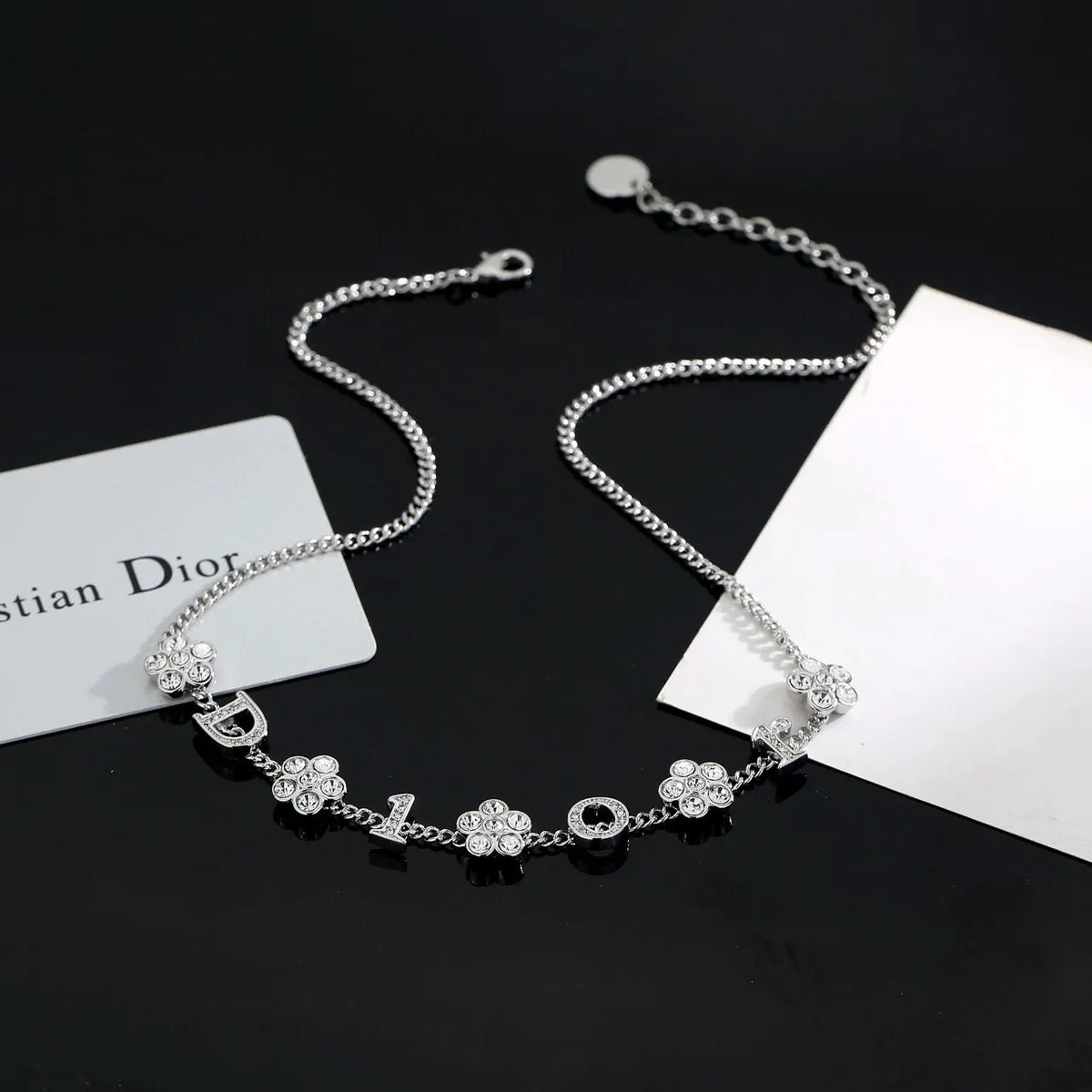 Dior Silver Crystal 'Dior' Necklace - Floral Accents