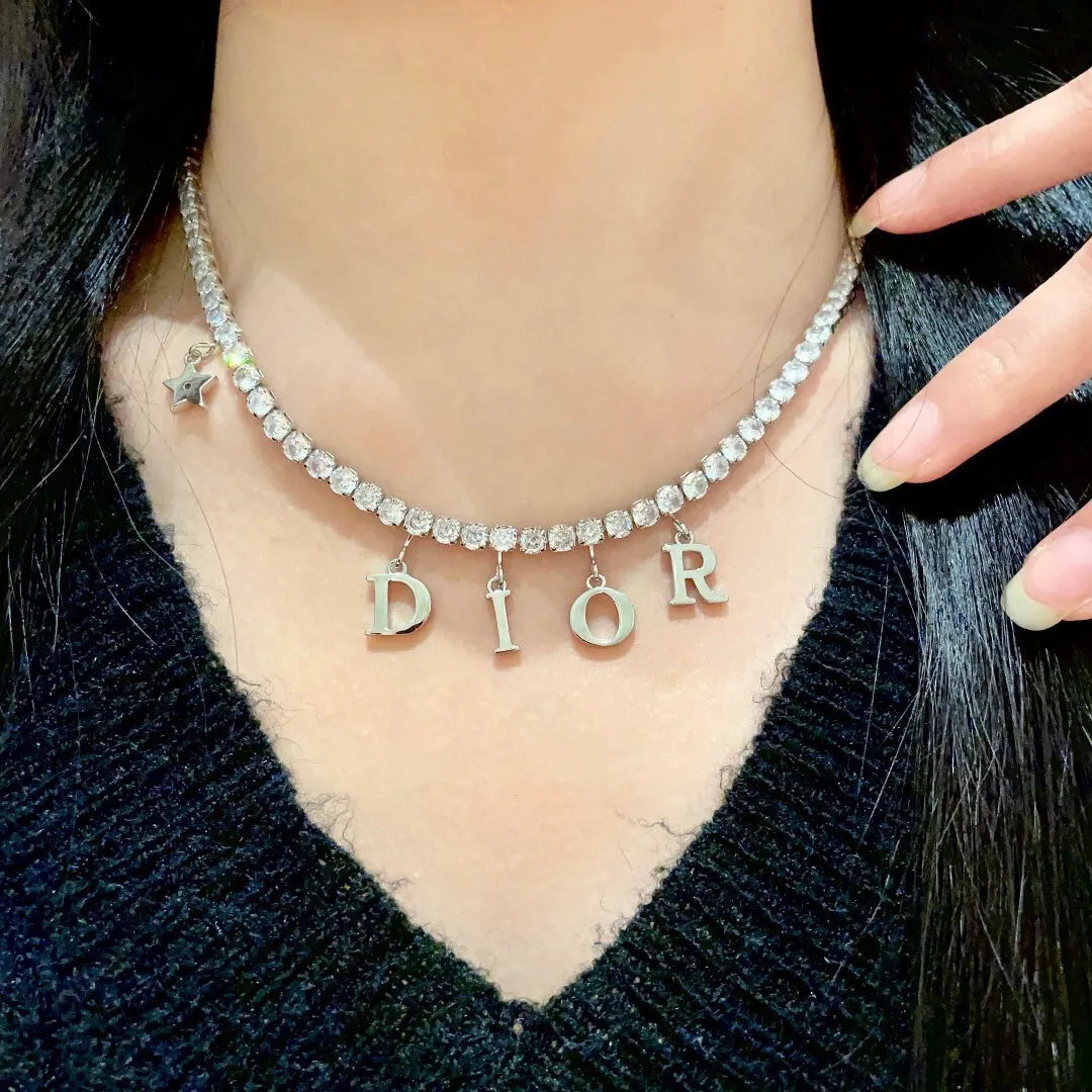 Dior Silver Crystal Letter Necklace - Statement Jewelry