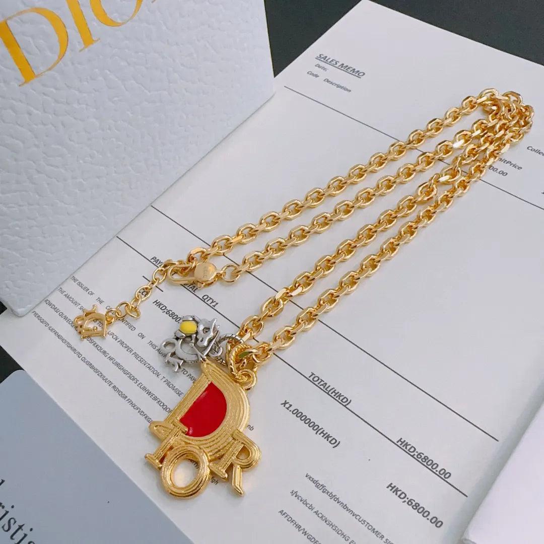 Dior Gold-Tone Red Necklace - Dior Gold-Tone Red Logo Necklace