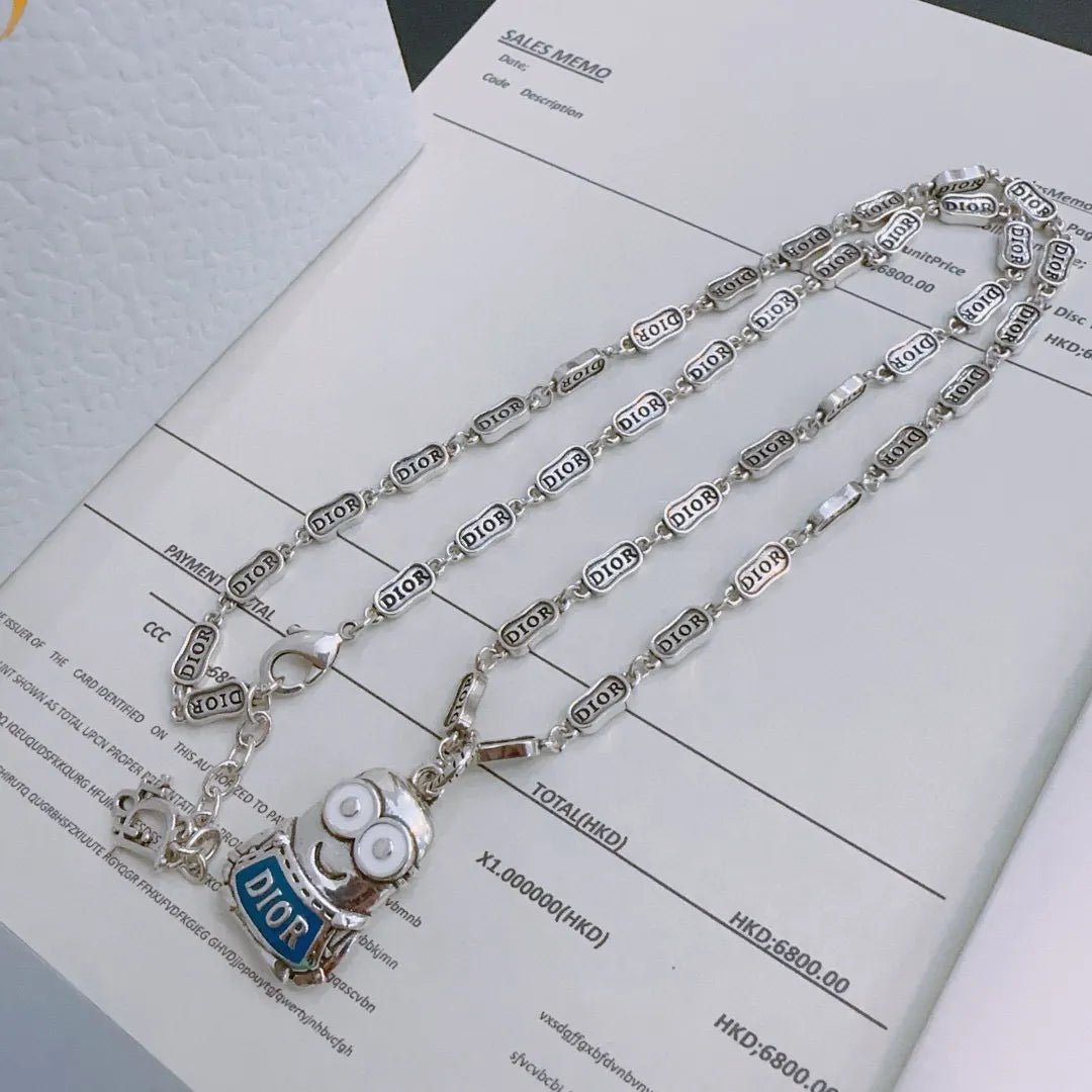 Dior Silver Finish Necklace - Robot Charm, Blue Accents