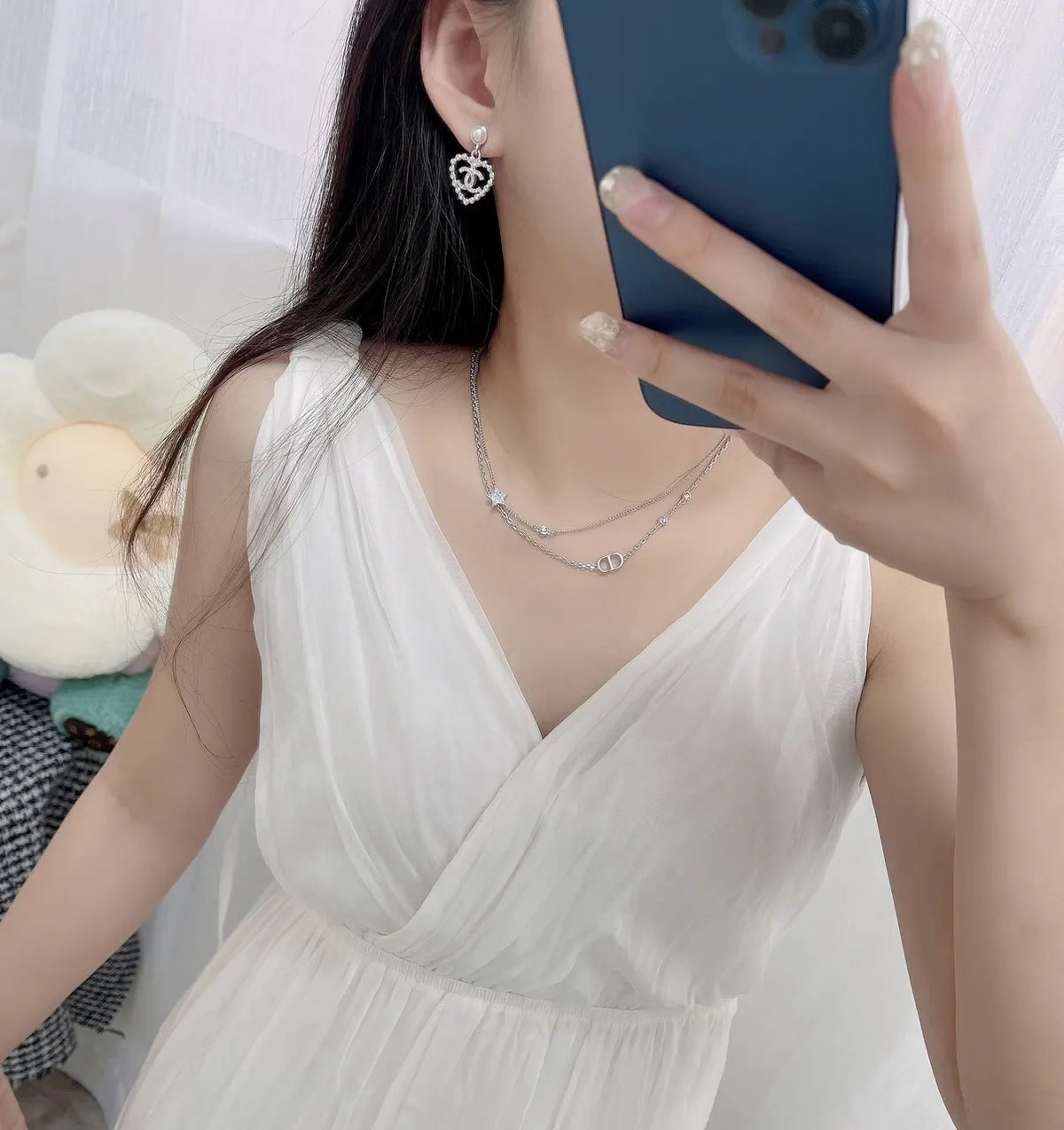 Dior Silver Crystal Necklace - Elegant Double Chain