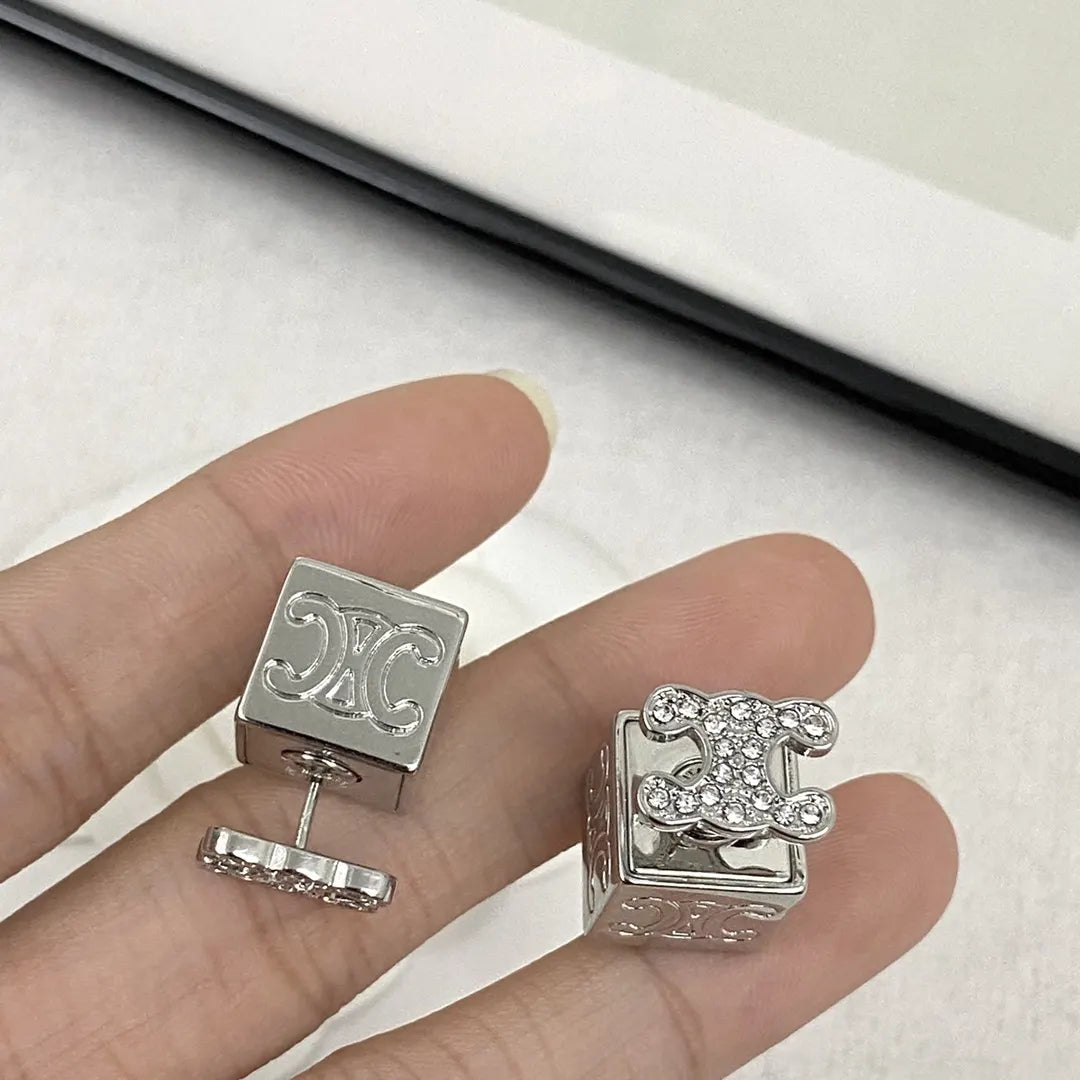 logo Celine Silver Cube Earrings - Celine Silver Cube Logo Earrings